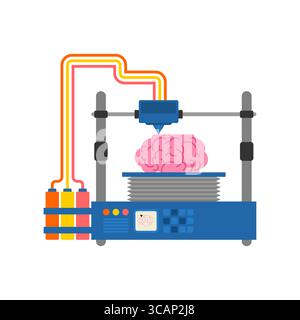 3D printer printing a human brain. Represents AI, mind technology, biotech, innovation, and future science concepts. Stock Vector