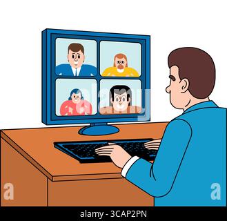 man participating in a video conference on a computer. Represents remote work, online communication, and digital collaboration. Stock Vector