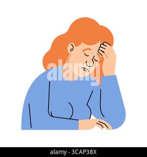 Tired woman resting head on hand. Conceptual vector illustration about mental fatigue, sadness, or burnout in daily life. Stock Vector