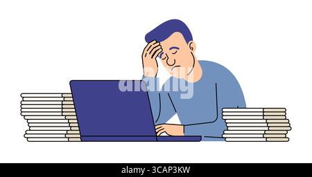 Tired man working on laptop with piles of documents. Represents stress, overwork, and burnout. Useful for business, office, and mental health themes. Stock Vector