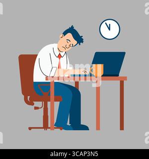 Office worker asleep at desk after working late. Concept of overwork, burnout, sleep deprivation, and modern corporate lifestyle in a demanding enviro Stock Vector