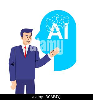 Businessman introducing artificial intelligence technology. AI head icon symbolizing innovation, neural networks, and future tech. Suitable for presen Stock Vector