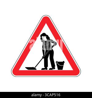 Warning road sign depicting a woman cleaning the floor with a mop and bucket. Symbol of caution, cleaning in progress, and hygiene maintenance. Stock Vector