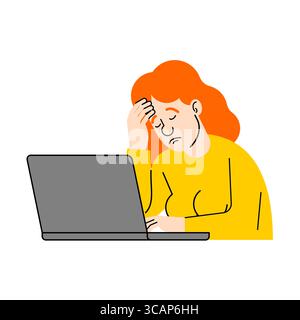 Woman experiencing burnout while working at laptop. Surrounded by documents and feeling exhausted. Great for topics on work-life balance and stress. Stock Vector