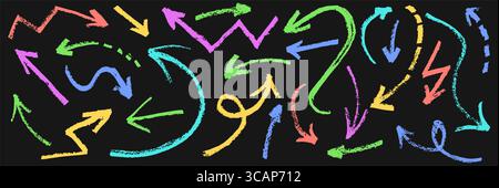 Set of childlike arrows in chalk, marker, crayon and pastel. Perfect for kids, school, kindergarten projects colors include blue, green, coral, purple Stock Vector