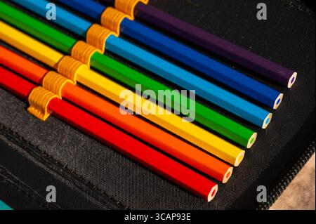 multi-colored pencils in a schoolboy's pencil case Stock Photo