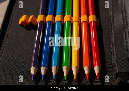 multi-colored pencils in a schoolboy's pencil case Stock Photo