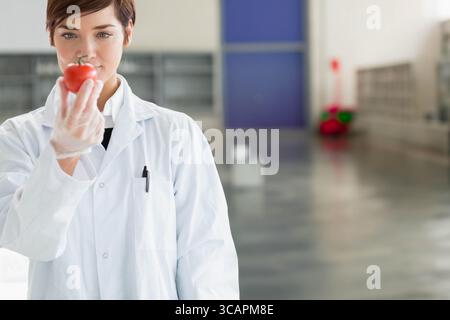 Female researcher wearing white lab coat, gloves inspecting red tomato in lab corridor, copy space Stock Photo