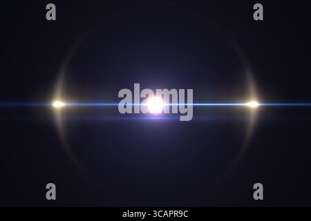 Lens flare on black. Sun flare. Anamorphic streak filter effect. Halo optical phenomenon. Rays light effects, overlays or lens flare for design. Stock Photo