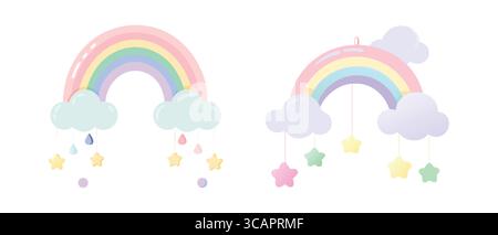 Cute Pastel Rainbows with Stars and Clouds Stock Vector