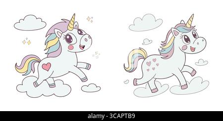 Adorable Unicorns with Rainbow Manes and Heart Symbols in the Clouds Stock Vector