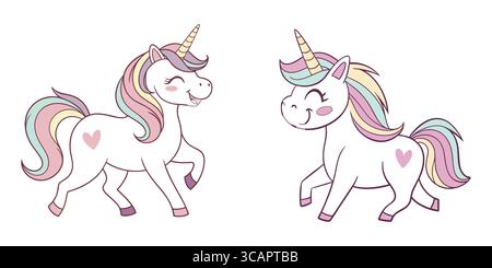 Cute Unicorns with Heart Shapes and Rainbow Manes Stock Vector