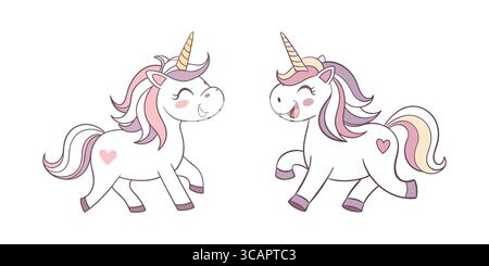 Cute Unicorns with Heart Markings and Rainbow Manes Stock Vector