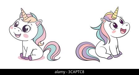Cute Pastel Unicorns with Rainbow Manes and Magical Horns Stock Vector