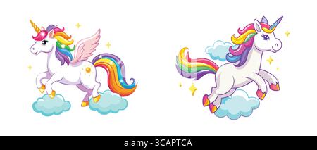 Colorful Rainbow Unicorns with Wings and Sparkles Stock Vector