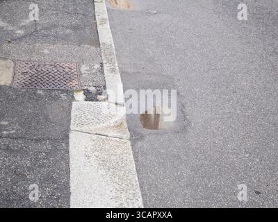 Close Up View of Wet Asphalt Pavement Showing a Puddle and Textured Surface with Sidewalk Curb and Drainage Grate Detail Stock Photo