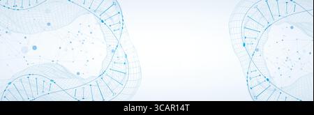 Abstract image of DNA molecule on wireframe wave. Scientific vector background. Stock Vector