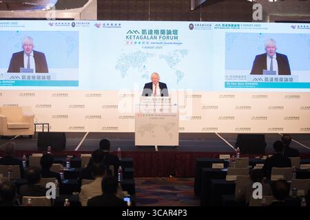 Former the United Kingdom (UK) Prime Minister Boris Johnson speaks at the ketagalan forum in Taipei. August 5,2025. Stock Photo