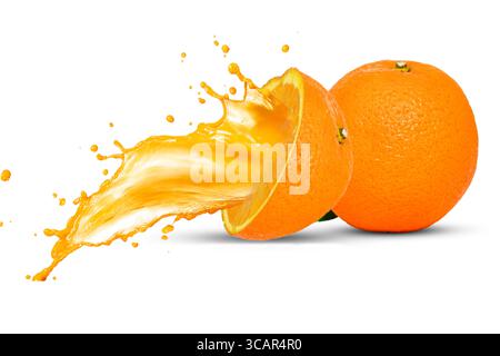 Ripe Orange slices and Orange juice is splashed isolated on white background Stock Photo