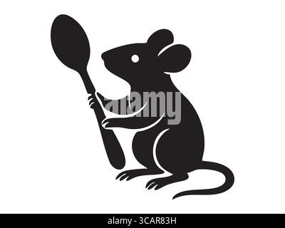 Black silhouette of mouse holding spoon, isolated on white background. concept of cooking, cute mouse, kitchen art, culinary theme, playful design, ic Stock Vector