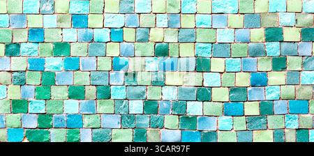 Ceramic mosaic tiles texture or background. Colorful blue and green pastel mosaic wall Stock Photo