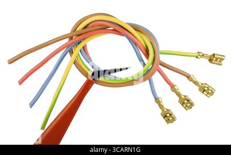 Color cables wires is prepared for connection to power electric lines. Isolated on white Stock Photo