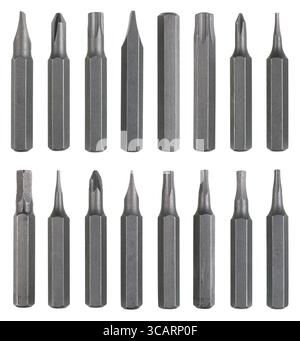 Sixteen steel magnetic inserts for industrial multi function screwdrivers. Isolated on white studio macro set Stock Photo
