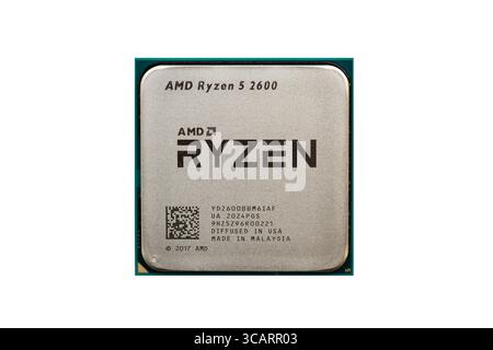 Moscow, Russia - October, 2020: AMD Ryzen 5 2600 Processor close up isolated on white background. Top view. Advanced Micro Devices is an American semi Stock Photo
