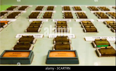 Dashboard in the engine room on the ship. Stock Photo