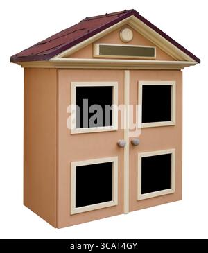 The village no name wooden mailbox for newspapers and letters is made as small toy pink home model. Isolated on white Stock Photo