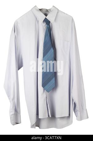 Old wrinkled washed blue shirt and tie is hanging on a hanger. Isolated on white with patch studio shot Stock Photo