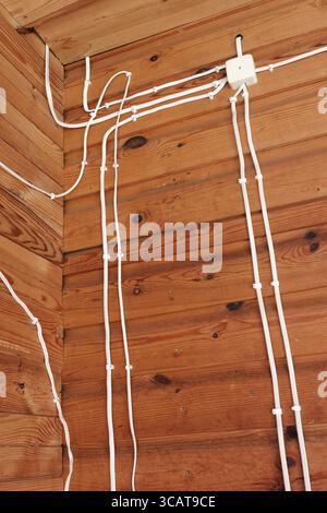 Fire dangerous electric white wires on a dry wooden wall of the rural house. Concept of ignoring of safety rules Stock Photo