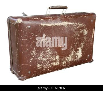 Old shabby aged retro brown fiber suitcase. Isolated on white vintage object Stock Photo