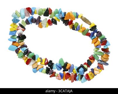 Homemade female beads are made of multi-colored smooth sea stones, glass and amber. Isolated on whote macro shot Stock Photo
