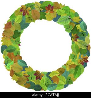 Abstract round photo frame from colored leaves. Isolated handmade photo collage Stock Photo