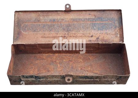 Rusty old open vintage empty metal box for tools isolated on white Stock Photo