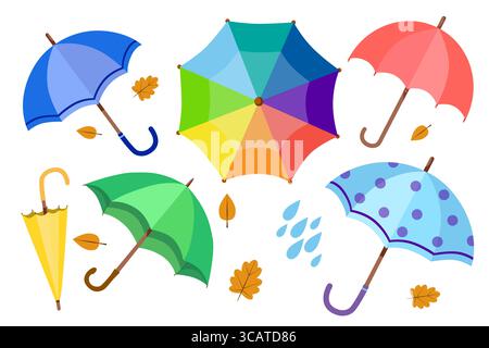 Bright set of umbrellas. Colorful umbrellas from rain, water and sun. Umbrella with handle. Yellow, blue, red colors. Flat illustration. Stock Vector