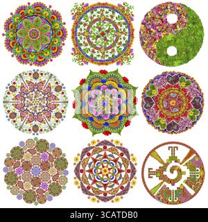 Abstract circle mandalas made from flowers and leaves. Isolated set. Full size images can find in my portfolio Stock Photo