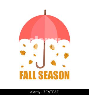 Bright illustration of umbrella with text Fall Season in flat style. Perfect for greeting card. Stock Vector