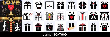 Assorted gift box icons and a love themed design with a couple and the word love at the top Stock Vector