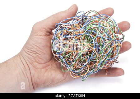 Hand holds Big ball from a color twisted pair cable for network and internet macro. Isolated on white Stock Photo