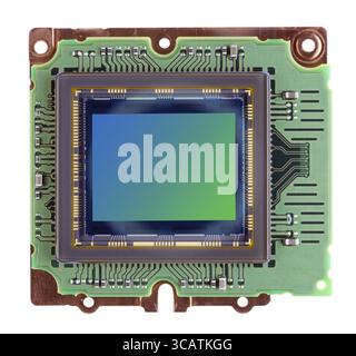 Modern big RGB image sensor from digital photo camera established on the standard copper radiator. Top view studio isolated macro shot. Art soft focus Stock Photo