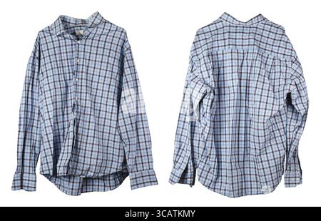 A crumpled old checkered blue man's shirt hangs on a hanger. View from two sides. Isolated on white studio set Stock Photo
