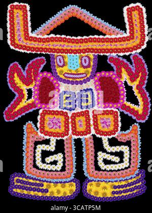 Carpet rug archaic ancient element - Mexican King Man - naive old pattern in style of the American Indians. Handmade collage from summer flowers on bl Stock Photo