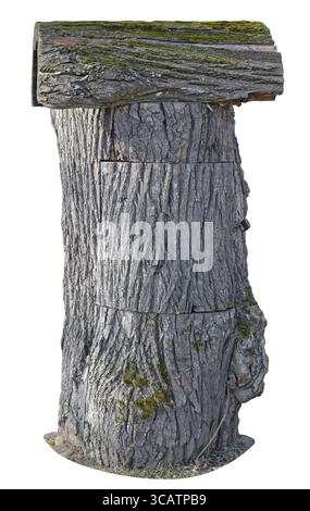A large mailbox made of old rotten oak trunk. Isolated on white outdoor closeup Stock Photo