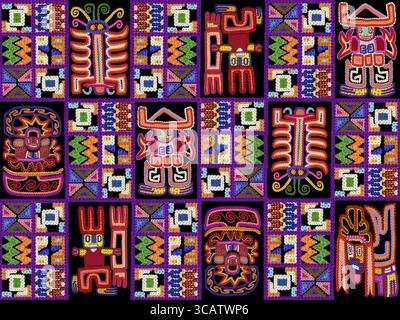 Carpet rug with patterns in style of the American Indians. Symbols of the sun, hare, god, man, water, sky and fire. Handmade collage from flowers on b Stock Photo