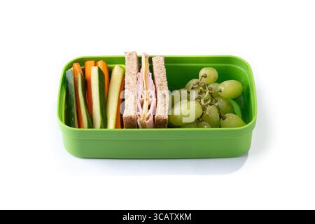 Healthy Lunchbox for school with sandwich,fruit and vegetables isolated on white background Stock Photo