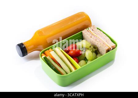 Healthy Lunchbox for school with sandwich,fruit and vegetables isolated on white background Stock Photo