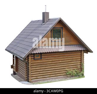 The walls of the new no name village barn are made from pine logs. Isolated on white with patch outdoor shed Stock Photo