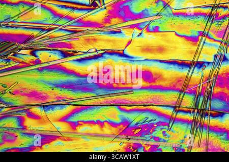 Microscopic shot of Sodium carbonate microcrystals in polarized light Stock Photo
